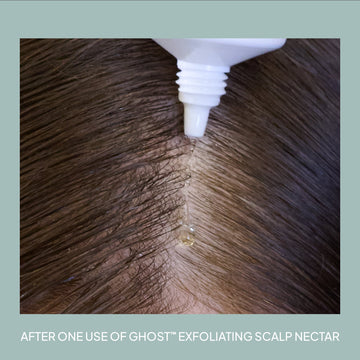 Verb Ghost Exfoliating Scalp Nectar applicator dispensing serum along a parted scalp after one use