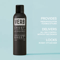 Verb Ghost Flexible Hairspray 7 oz highlighting medium hold, flexible styling, all-day control, and heat-styled hair support
