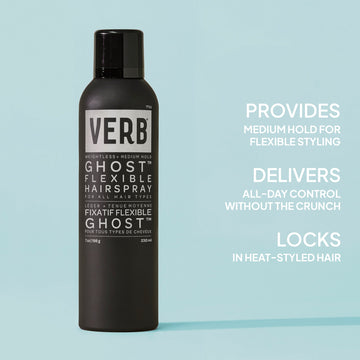Verb Ghost Flexible Hairspray 7 oz highlighting medium hold, flexible styling, all-day control, and heat-styled hair support