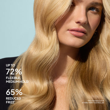 Blonde-haired model beside claims of up to 72% flexible medium hold and 65% reduced frizz with Verb Ghost Flexible Hairspray