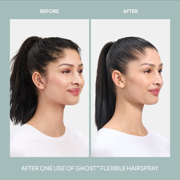 Before-and-after comparison showing a smoother, more controlled black ponytail after using Verb Ghost Flexible Hairspray