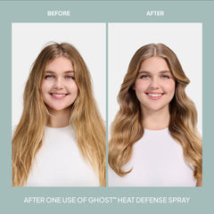 Before-and-after comparison showing smoother, defined blonde waves after using Verb Ghost Heat Defense Spray