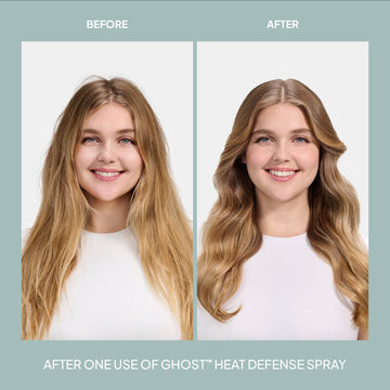 Before-and-after comparison showing smoother, defined blonde waves after using Verb Ghost Heat Defense Spray