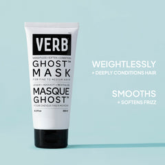 Verb Ghost Mask 6.3 oz tube with text highlighting weightless deep conditioning and frizz smoothing