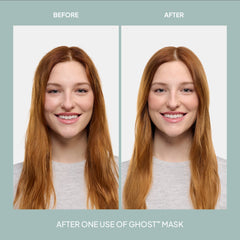 Before-and-after comparison of a red-haired model showing hair after one use of Verb Ghost Mask