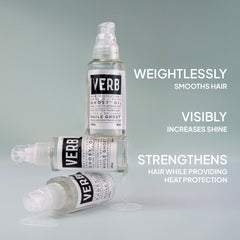 Verb Ghost Oil bottles with visible oil texture and text highlighting smooth hair, increased shine, strength, and heat protection