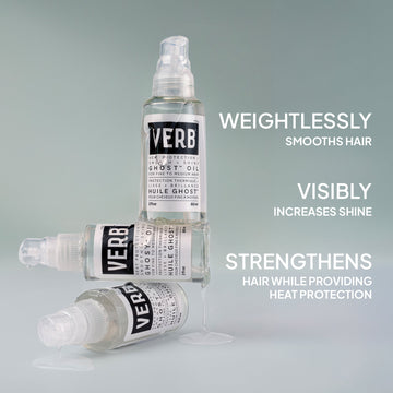 Verb Ghost Oil bottles with visible oil texture and text highlighting smooth hair, increased shine, strength, and heat protection