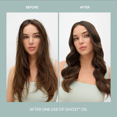 Before-and-after comparison of a brunette model showing smoother, shinier hair after one use of Verb Ghost Oil