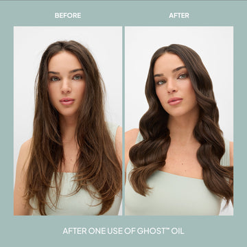 Before-and-after comparison of a brunette model showing smoother, shinier hair after one use of Verb Ghost Oil