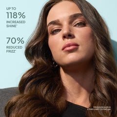 Brunette model with wavy hair beside claims of up to 118% increased shine and 70% reduced frizz from Verb Ghost Oil