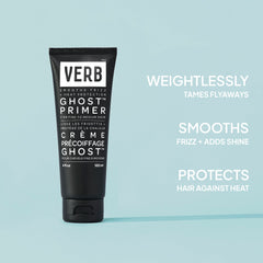 Verb Ghost Primer 4 oz highlighting flyaway control, frizz smoothing, shine, and heat protection
