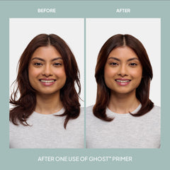 Before-and-after comparison showing medium brown hair appearing smoother and more polished after one use of Verb Ghost Primer