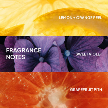 Verb Ghost Shampoo fragrance notes featuring lemon and orange peel, sweet violet, and grapefruit pith