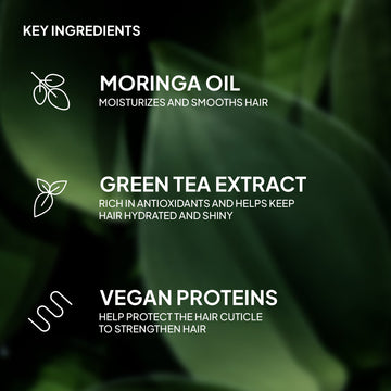 Verb Ghost Shampoo key ingredients: moringa oil moisturizes and smooths hair, green tea extract supports hydration and shine, and vegan proteins help strengthen the cuticle
