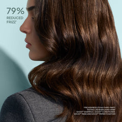 Verb Ghost Shampoo result showing long, dark brown hair with visibly reduced frizz
