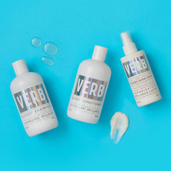 Verb Glossy haircare routine featuring Glossy Shampoo, Glossy Conditioner, and Glossy Shine Spray with shampoo, conditioner, and spray textures