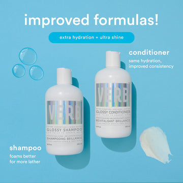 Verb Glossy Shampoo and Glossy Conditioner bottles with shampoo and conditioner textures highlighting improved formulas, hydration, and shine