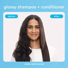 Before-and-after comparison showing dark wavy hair transformed into smoother, straighter, shinier hair with Verb Glossy Shampoo and Conditioner