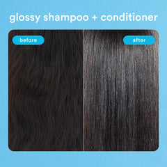 Before-and-after close-up of dark hair showing reduced frizz and increased shine with Verb Glossy Shampoo and Conditioner