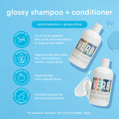 Verb Glossy Shampoo and Conditioner with rosehip oil, squalane, peach oil, and shine-enhancing complex benefits