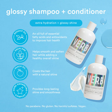 Verb Glossy Shampoo and Conditioner with rosehip oil, squalane, peach oil, and shine-enhancing complex benefits