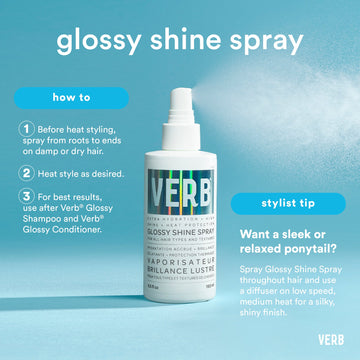 Verb Glossy Shine Spray 6.5 oz application guide showing how to spray from roots to ends before heat styling and use a diffuser for a shiny finish