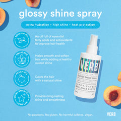 Verb Glossy Shine Spray 6.5 oz highlighting extra hydration, high shine, heat protection, rosehip oil, squalane, peach oil, and vegan ingredients