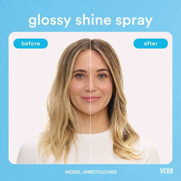 Before-and-after comparison showing blonde hair with a smoother, shinier appearance after using Verb Glossy Shine Spray