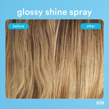Before-and-after close-up showing hair appearing smoother and shinier after using Verb Glossy Shine Spray