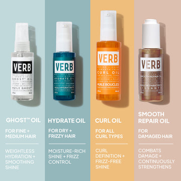 Comparison of Verb Ghost Oil, Hydrate Oil, Curl Oil, and Smooth Repair Oil for different hair types and styling benefits