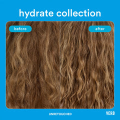 Before-and-after close-up showing light brown wavy hair appearing smoother and more defined with Verb Hydrate Conditioner