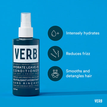 Verb Hydrate Leave-In Conditioner 6.5 oz bottle with benefits including intense hydration, frizz reduction, smoothing, and detangling