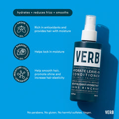 Verb Hydrate Leave-In Conditioner 6.5 oz bottle with argan oil, babassu oil, and moisture-locking ceramides for hydration, smoothness, shine, and elasticity