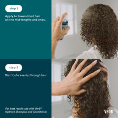 Instructions for applying Verb Hydrate Leave-In Conditioner to towel-dried hair and distributing it evenly through curly hair