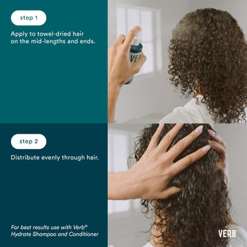 Instructions for applying Verb Hydrate Leave-In Conditioner to towel-dried hair and distributing it evenly through curly hair