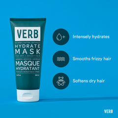 Verb Hydrate Mask 6.8 oz highlighting intense hydration, frizz smoothing, and softer dry hair