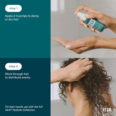 Verb Hydrate Oil application guide showing how to apply 2–3 pumps to damp or dry curly hair and distribute evenly