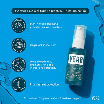 Verb Hydrate Oil 2 oz highlighting argan oil, babassu oil, moisture-locking ceramides, and heat protection