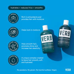 Verb Hydrate Shampoo and Hydrate Conditioner with argan oil, babassu oil, moisture-locking ceramides, and hydrating complex benefits