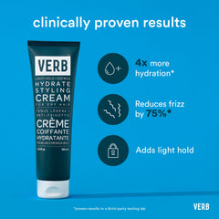 Verb Hydrate Styling Cream 5.3 oz tube with claims of 4x more hydration, reducing frizz by 75%, and adding light hold