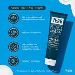 Verb Hydrate Styling Cream 5.3 oz highlighting argan oil, babassu oil, moisture-locking ceramides, and flexible polymers