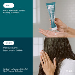 Verb Hydrate Styling Cream application guide showing how to apply a pea-sized amount to damp or dry hair and distribute evenly