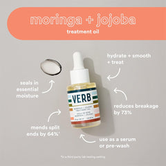 Verb Moringa + Jojoba Treatment Oil with benefits including hydration, smoother hair, reduced breakage, split end repair, and use as a serum or pre-wash treatment