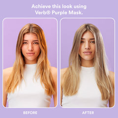 Before-and-after comparison showing warmer blonde hair before and cooler blonde hair after using Verb Purple Mask