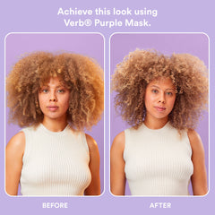 Before-and-after comparison of a curly-haired model with warm-toned hair using Verb Purple Mask