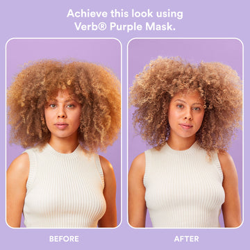 Before-and-after comparison of a curly-haired model with warm-toned hair using Verb Purple Mask