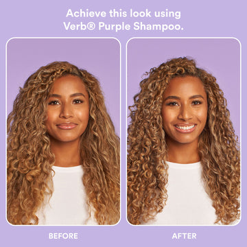 Before-and-after comparison showing long curly highlighted hair appearing brighter and more defined after using Verb Purple Shampoo
