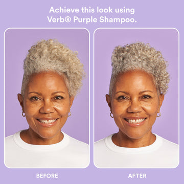 Before-and-after comparison of a woman with short curly silver-blonde hair using Verb Purple Shampoo