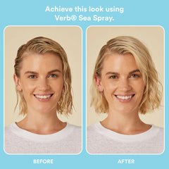 Before-and-after comparison of a blonde-haired model showing loose beach waves after using Verb Sea Spray