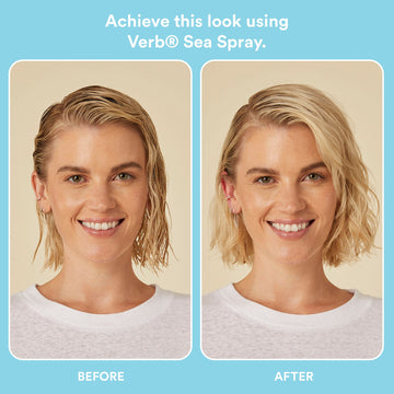 Before-and-after comparison of a blonde-haired model showing loose beach waves after using Verb Sea Spray